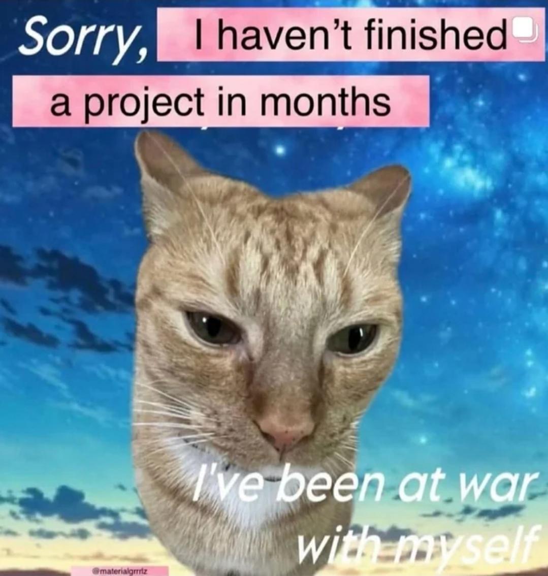 Sorry I haven't finished a project in months, I've been at war with myself